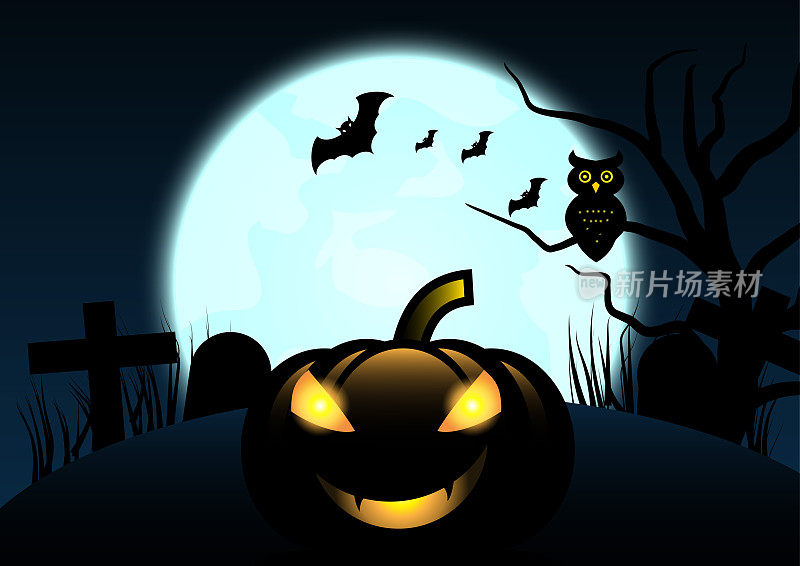 Halloween background with pumpkin and full moon. Vector illustration